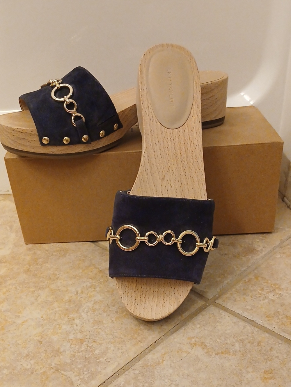 Ann Taylor Navy Suede Slide Mules with Gold Chain